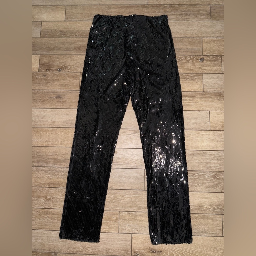 UEC ZARA BLACK EXTREME SEQUINS HIGH WAISTED PULL ON STRAIGHT LEG PANTS SZ L - Picture 6 of 13